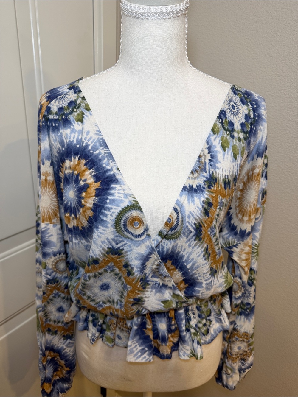 V-Neck Printed Peplum Blouse - Blue Multi - Picture 2 of 4